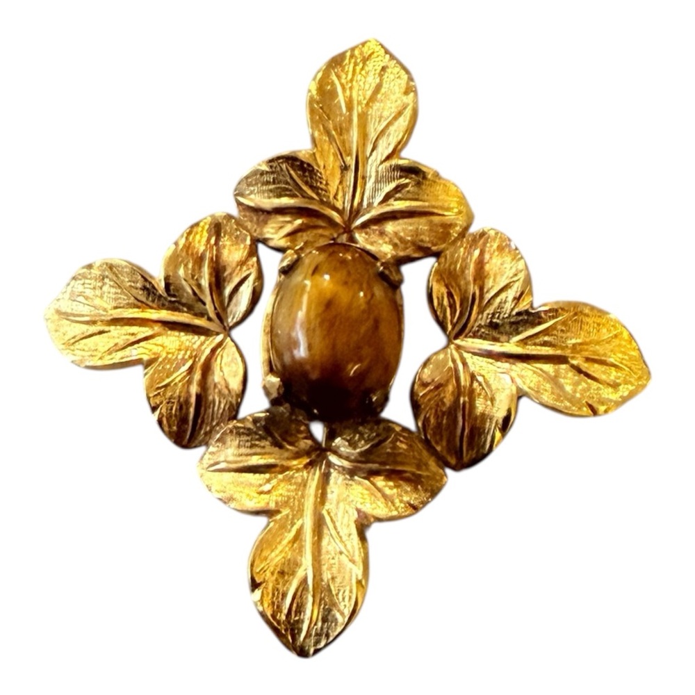 Vintage 14KGF Wells Brooch with Tigers Eye,‎ Gold Filled Signed Flower Jewelry